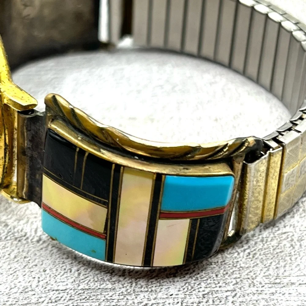 Watch Tip Albert Yazzie Gold Watch 925 Colorful Turquoise Onyx MOP Coral VTG